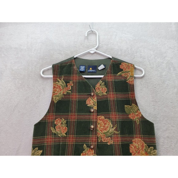 Liz Sport Vest Womens Petite Small Multi Plaid Velour Pocket V Neck Button Front - Picture 3 of 6